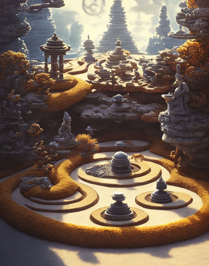 Ethereal Zen garden with swirling sand patterns and stone pagodas