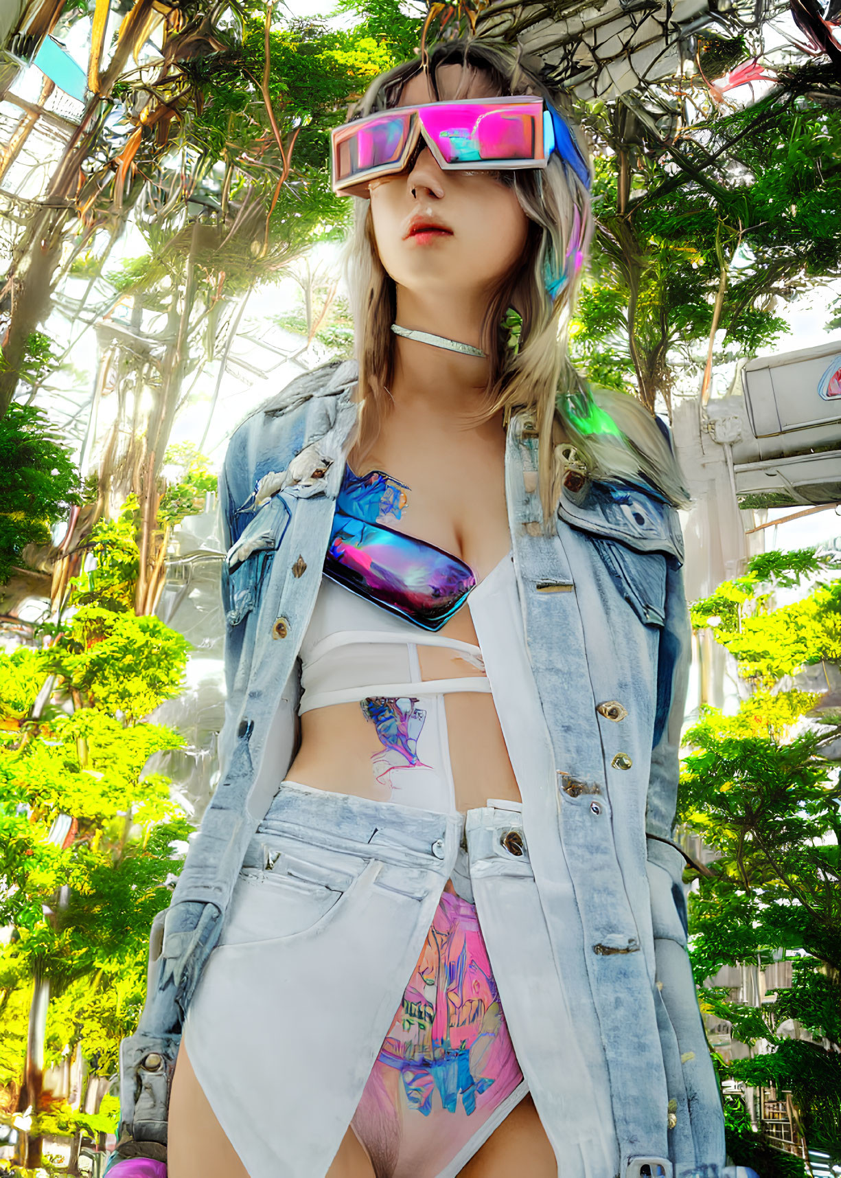 Futuristic woman in colorful visor glasses and denim jacket among lush greenery