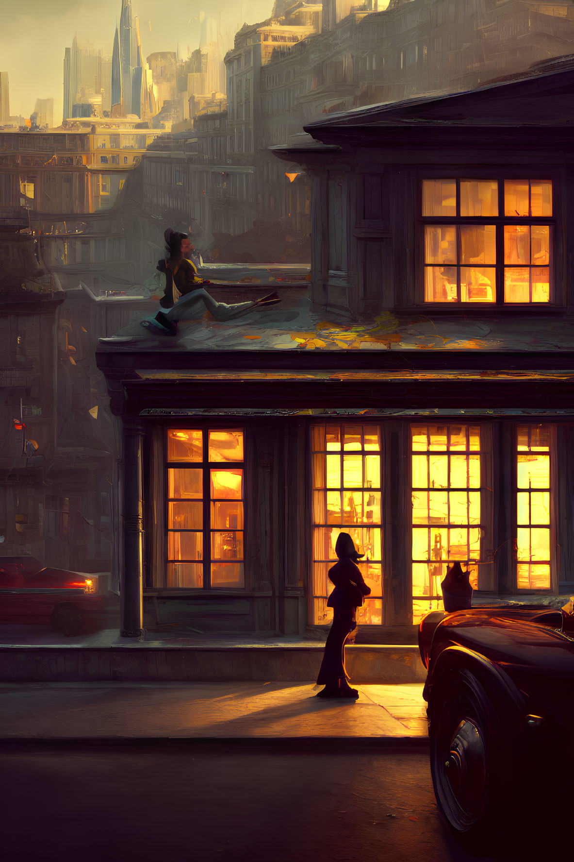 Cityscape at Sunset: Warm Light in Building Windows, Rooftop Figure, Street Silhouettes