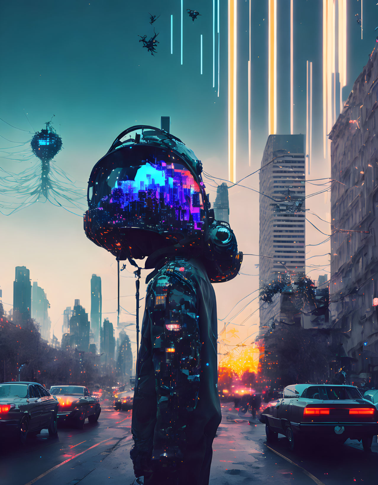 Futuristic cityscape reflected in person's helmet with neon lights