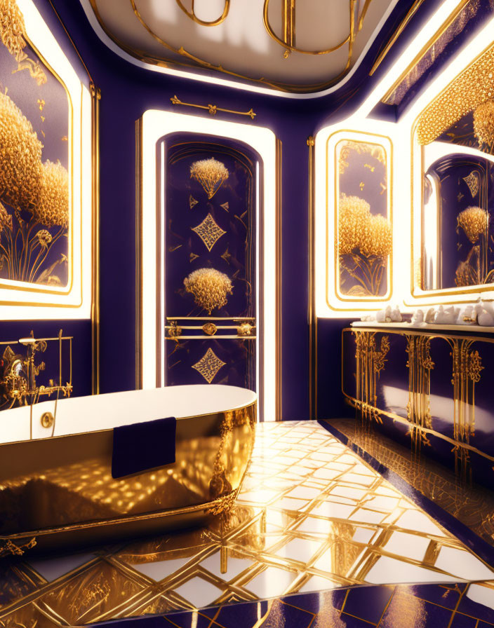 Luxurious Gold and Blue Bathroom Decor with Ornate Patterns