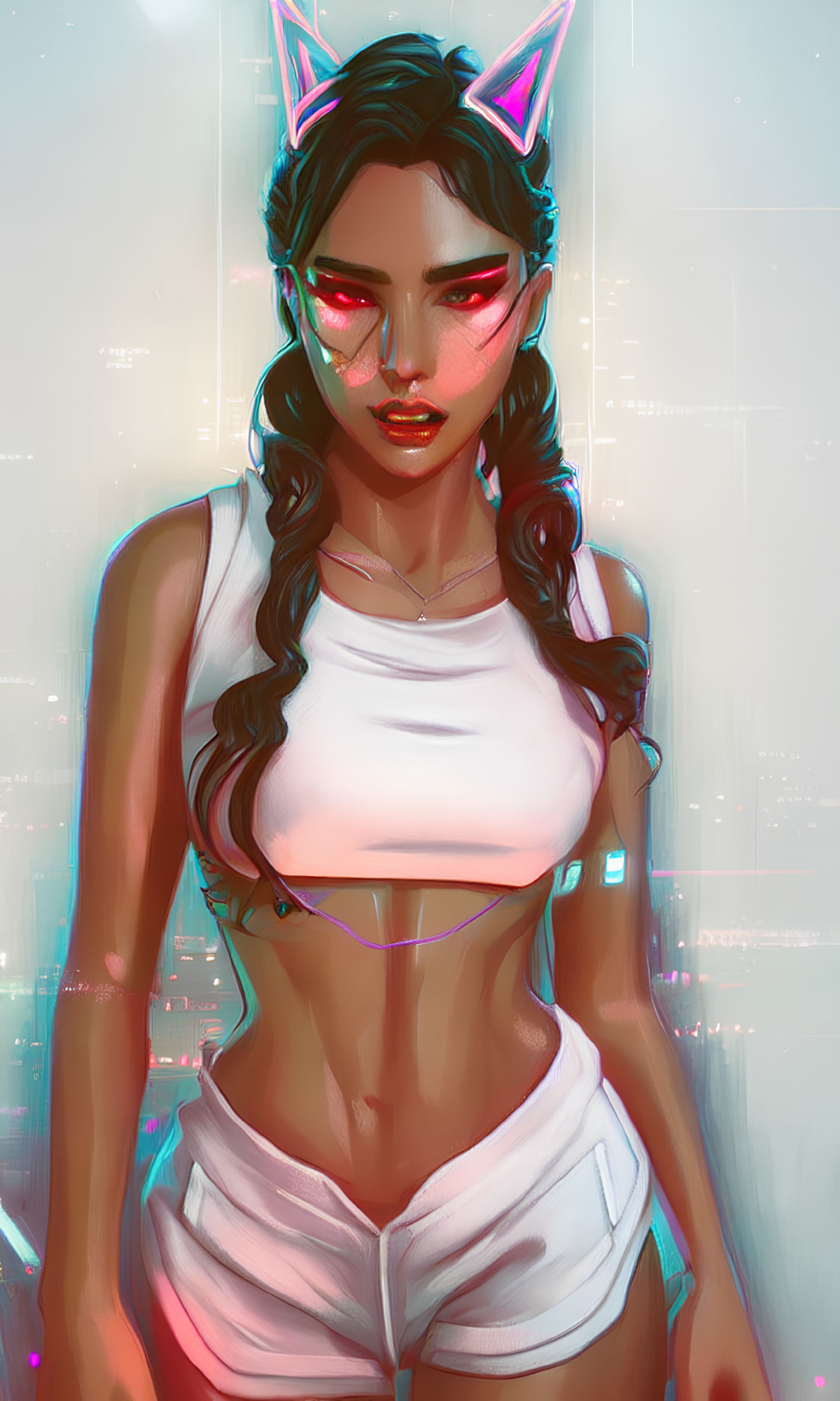 Digital artwork: Woman with neon cat ear headphones, red glowing eyes, white cropped top and shorts in