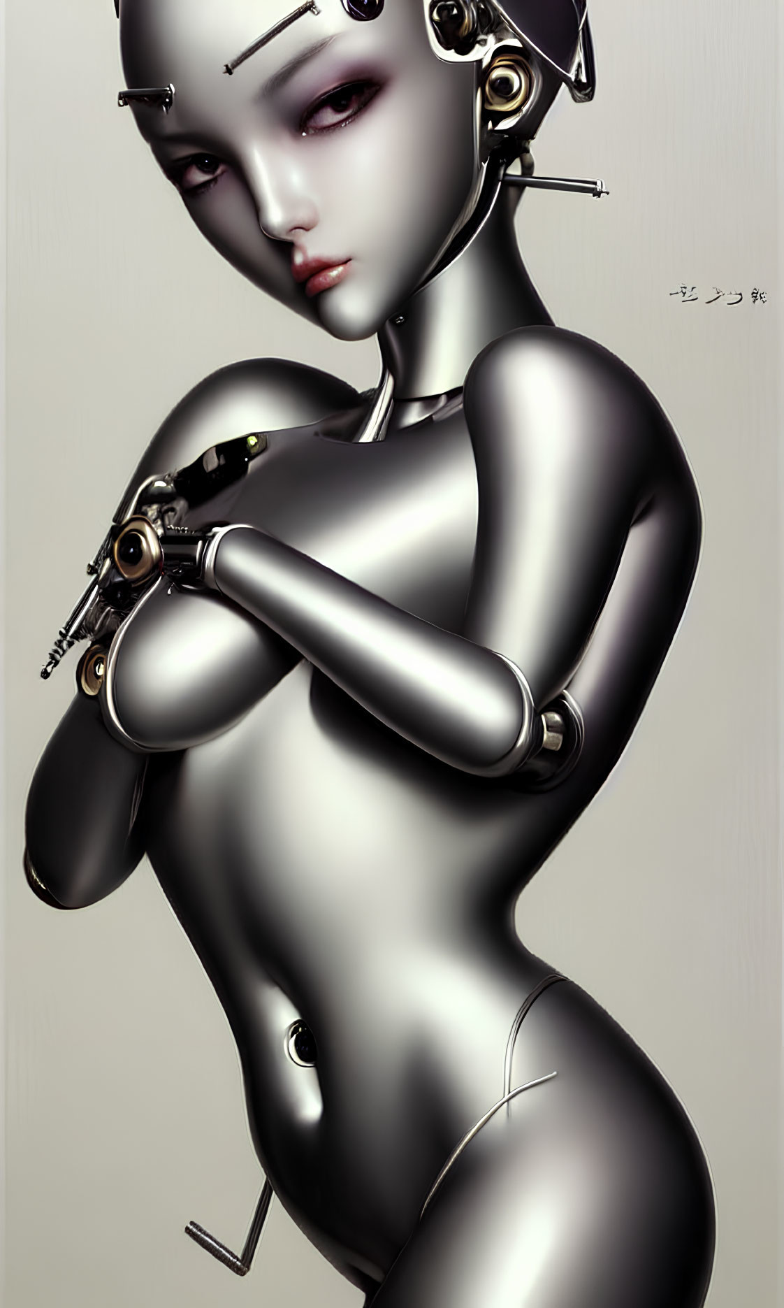 Metallic female humanoid robot with cybernetic arm in minimalist setting