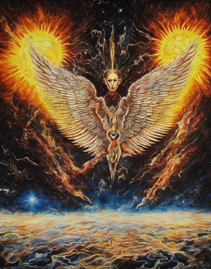 Expansive Wings Angel Soaring Among Suns and Celestial Clouds