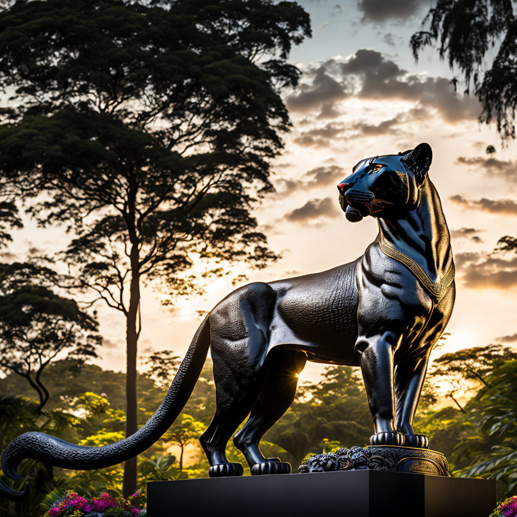 Black Panther Statue Silhouetted Against Vibrant Sunset