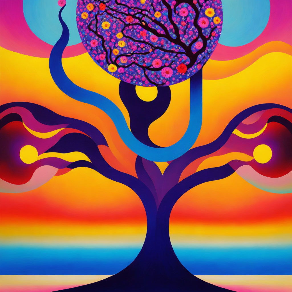 Colorful tree artwork with swirling trunk and flower-like canopy under gradient sky