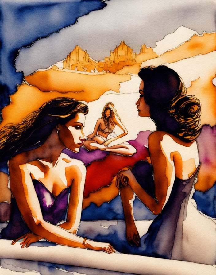 Silhouetted Women in Elegant Dresses Against Warm Watercolor Backdrop