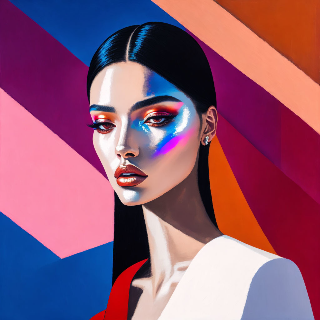 Stylized portrait of woman with striking makeup on vibrant pink and blue geometric background