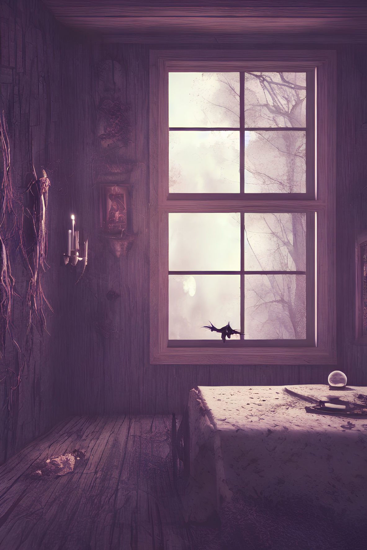 Mystical room with wooden walls, candelabra, cat silhouette, full moon, foggy