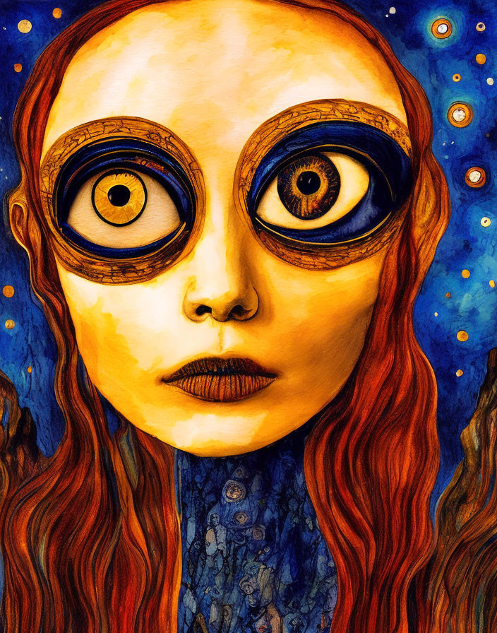 Celestial figure with exaggerated eyes in Van Gogh style