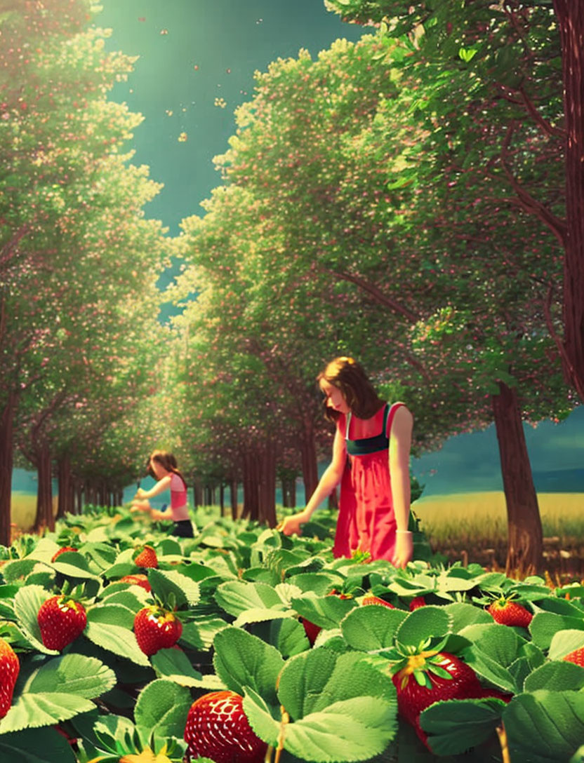 Two people picking strawberries in a serene field surrounded by trees