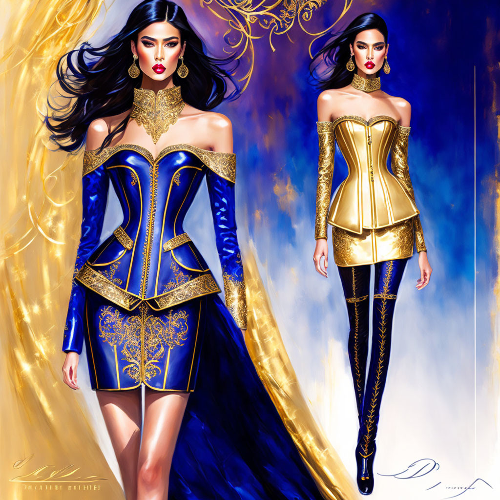 Luxurious gold and blue themed outfits on women in vibrant illustrations