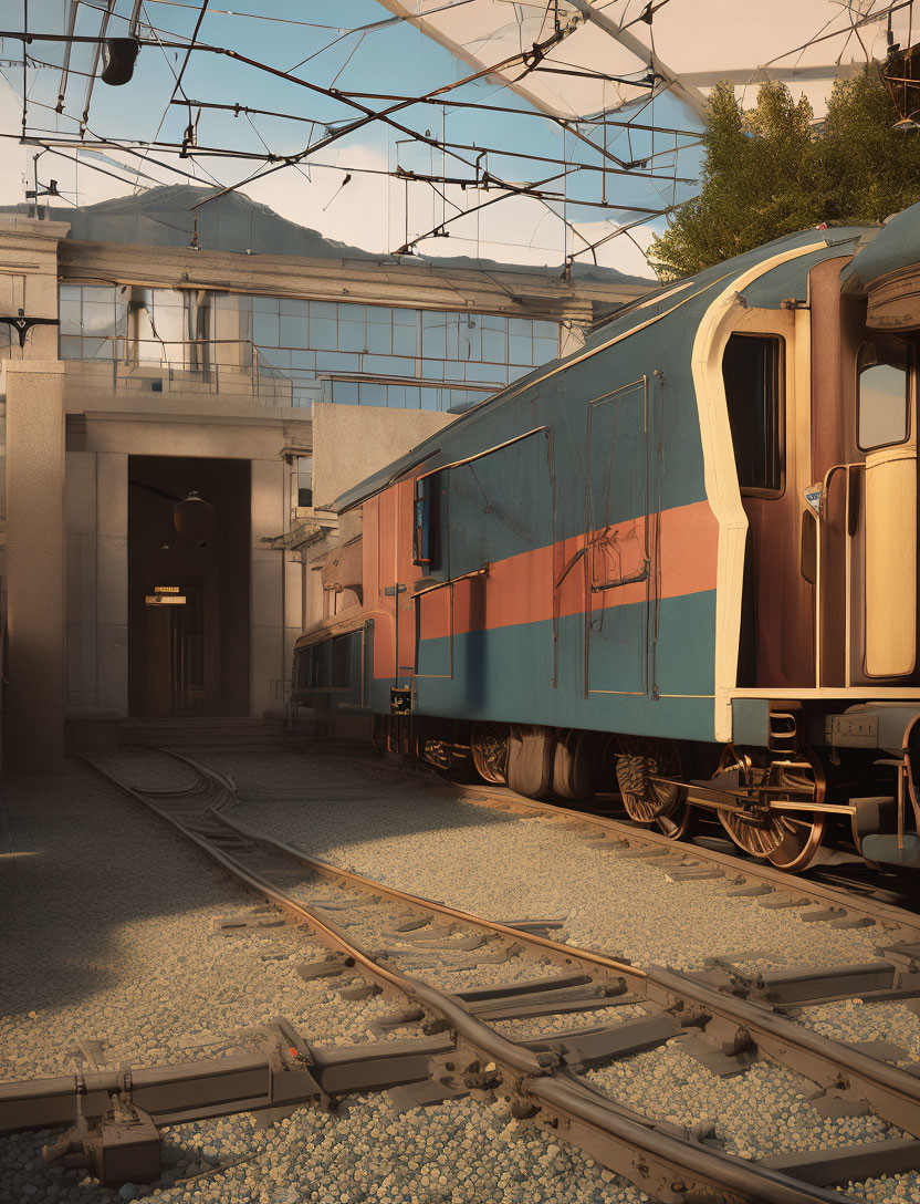 Blue and Orange Train on Tracks at Sunset Platform