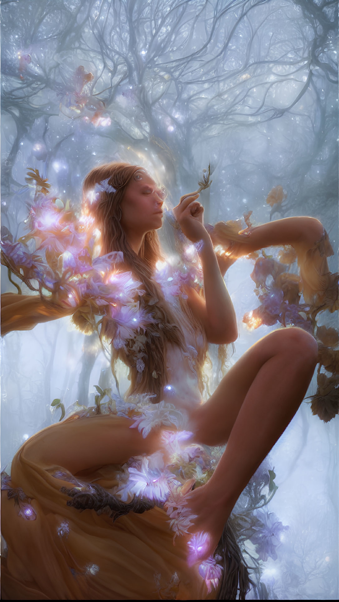 Woman surrounded by illuminated flowers in mystical forest setting