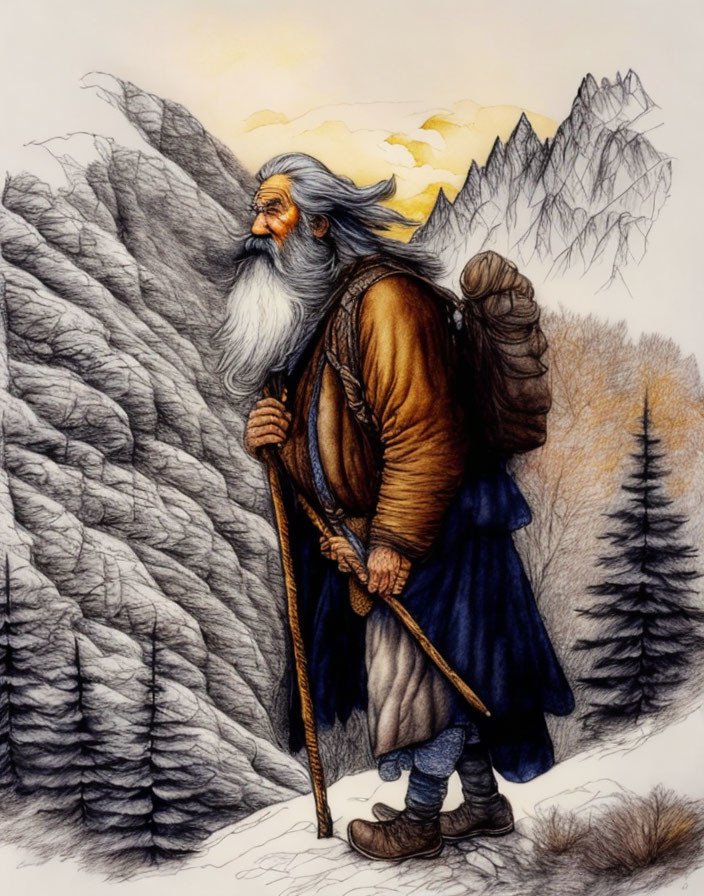 Elderly bearded man with staff and backpack in mountain scenery