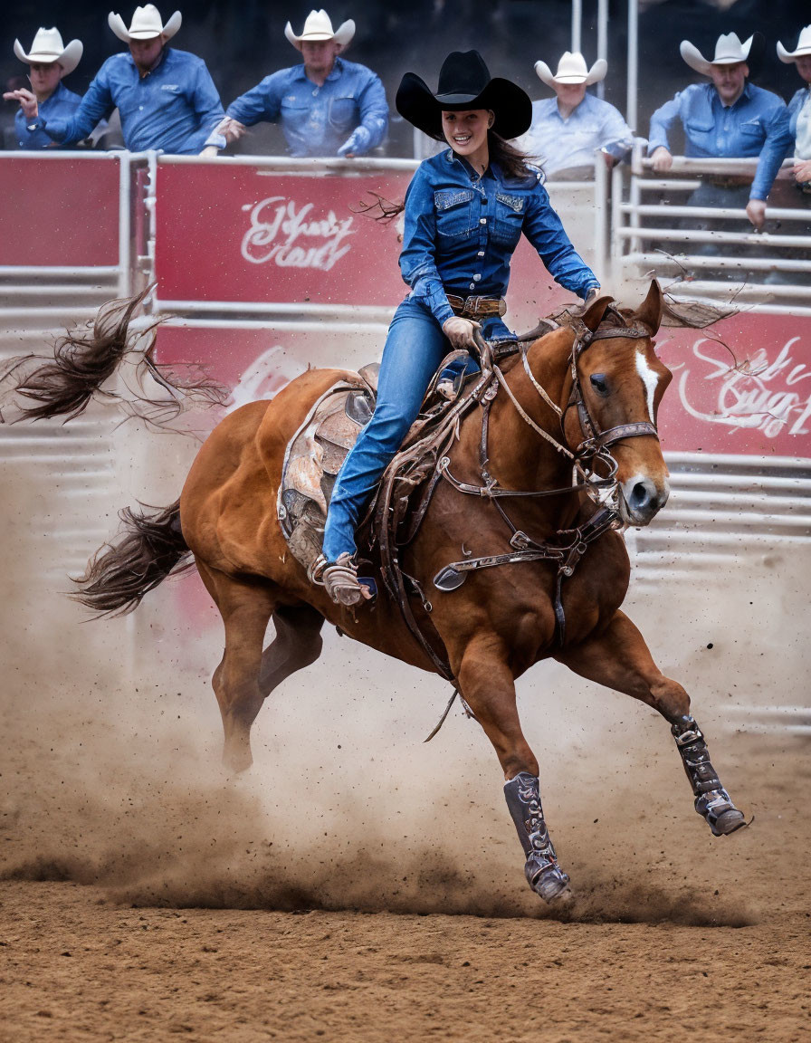 Cowgirl in blue shirt rides galloping horse in rodeo arena with cowboy hat spectators