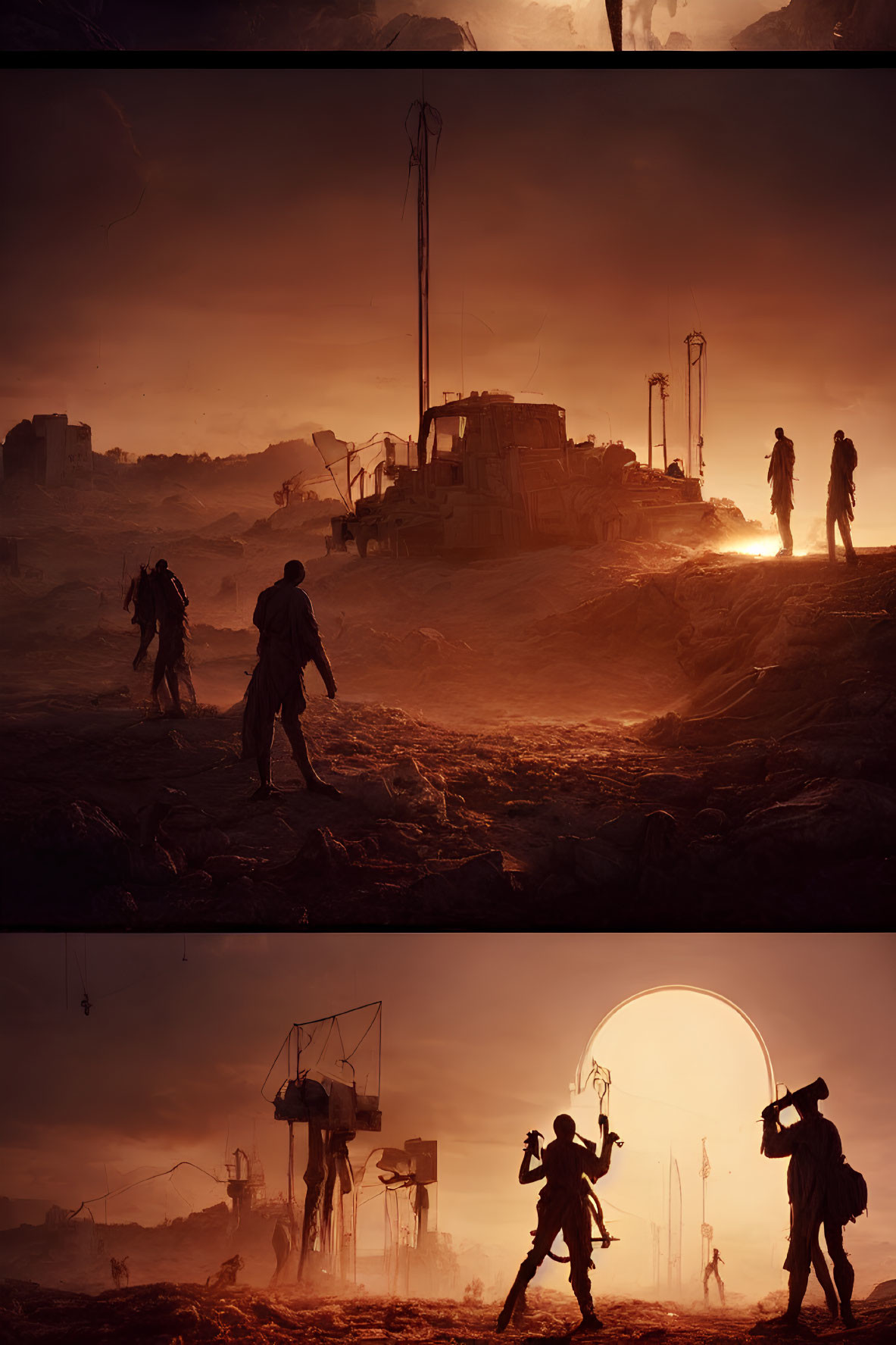 Silhouettes of survivors in post-apocalyptic scene with ruined structures under fiery sky