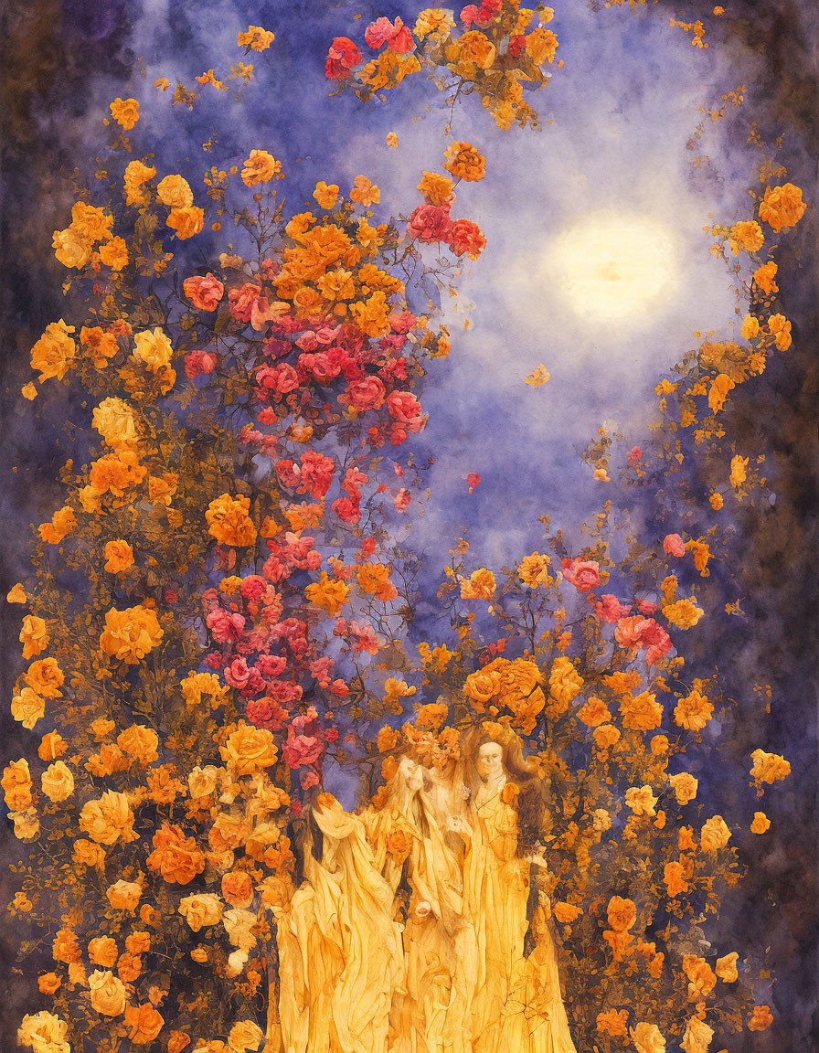 Ethereal figures in flowing robes among vibrant roses under a moonlit sky