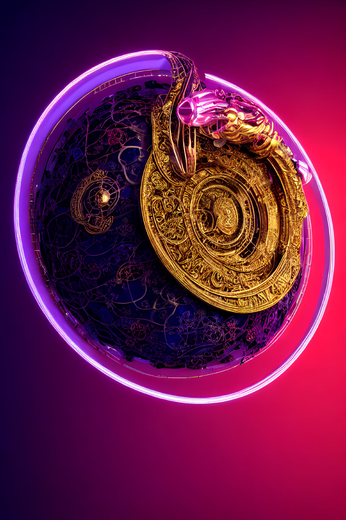 Intricate Golden Astrolabe 3D Model in Transparent Sphere on Pink Purple Gradient