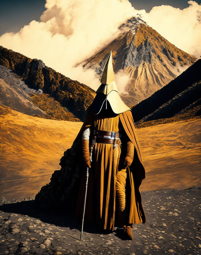 Mysterious cloaked figure with conical hat in volcanic landscape.