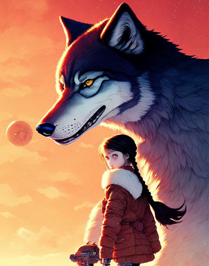 Girl and giant wolf under orange sky with moon: companionship and fantasy