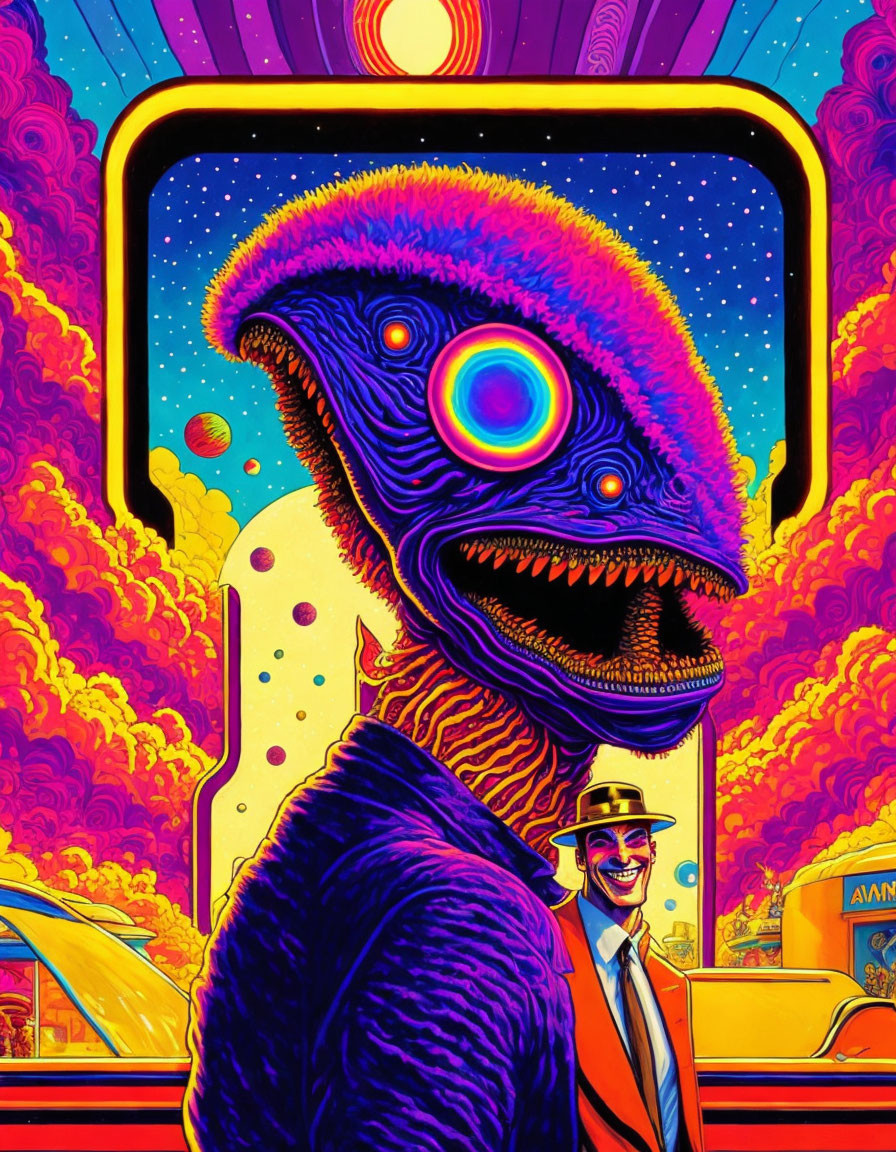 Colorful dinosaur art with retro man and car under cosmic sky