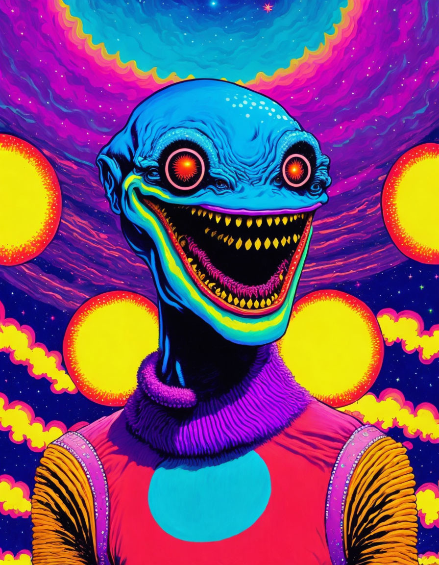 Vibrant alien illustration in swirling galaxy with yellow spheres