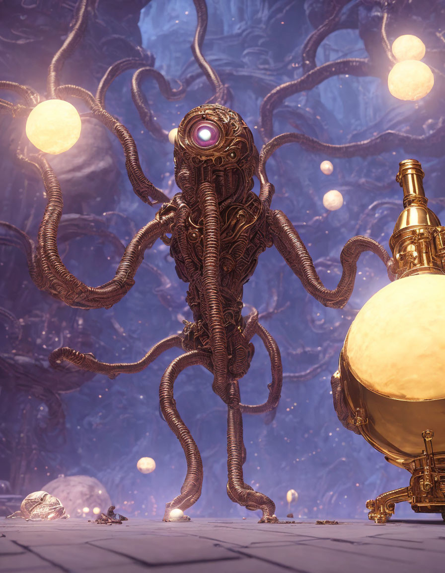 Steampunk-style robotic octopus in surreal cavernous setting