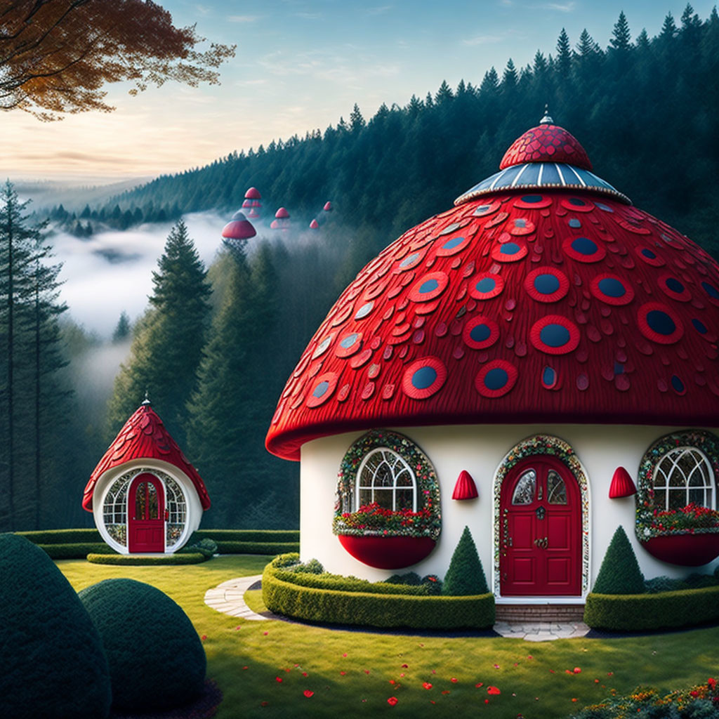 Fantasy Mushroom Houses in Misty Forest Setting