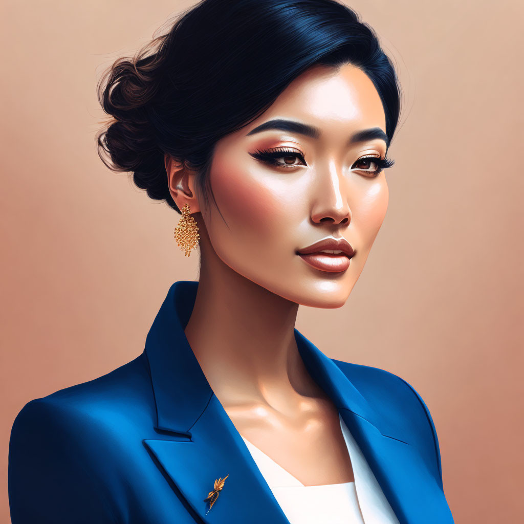 Portrait of Woman with Updo, Gold Earrings, Blue Blazer & White Top