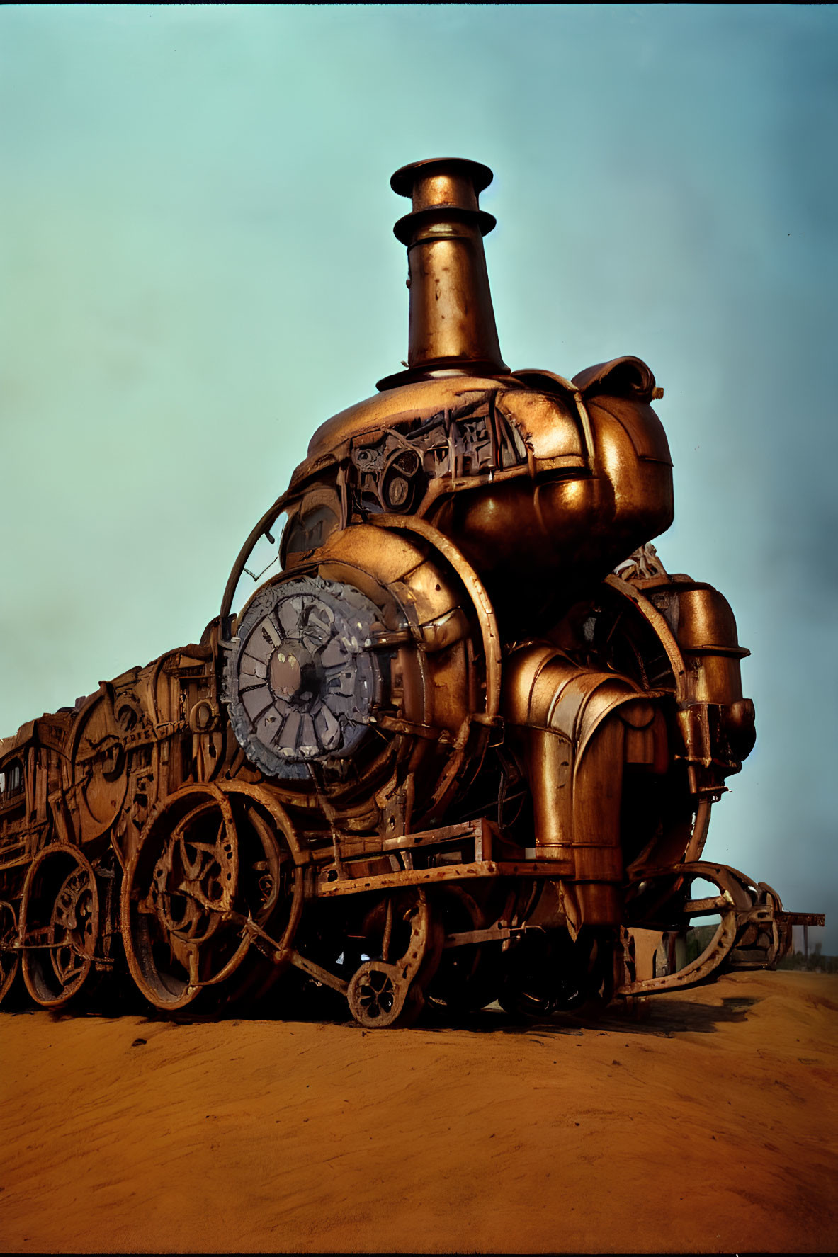 Intricate Steampunk-Style Train Under Dusky Sky