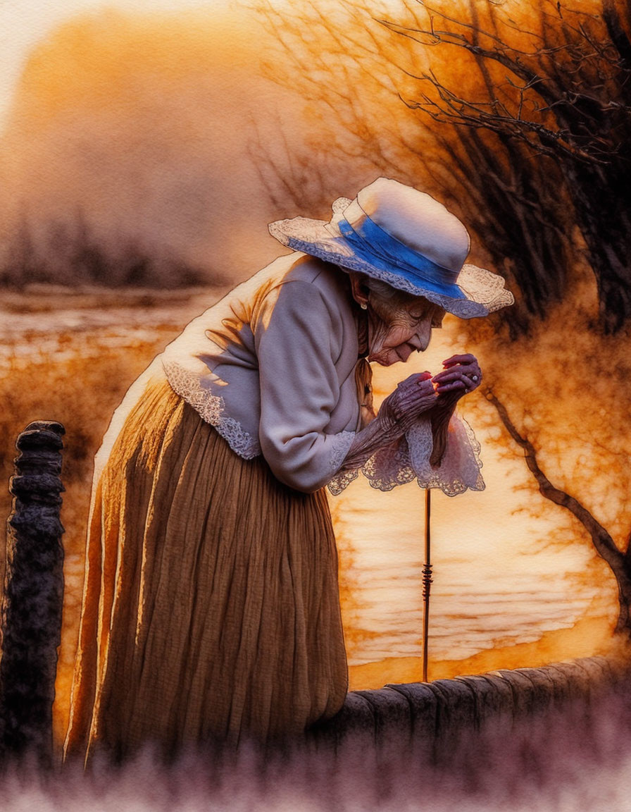 Elderly woman in vintage clothing by lakeside at sunset