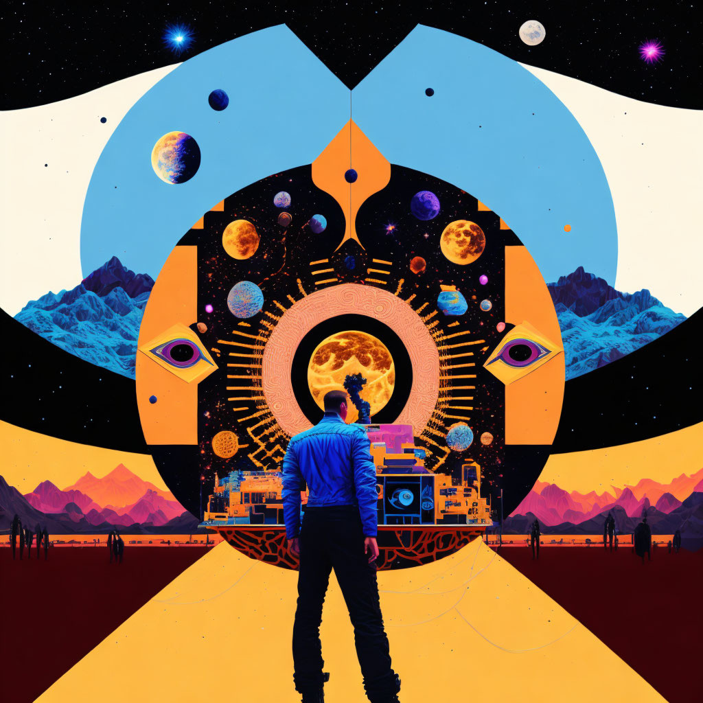 Surreal cosmic montage with celestial bodies and vibrant colors