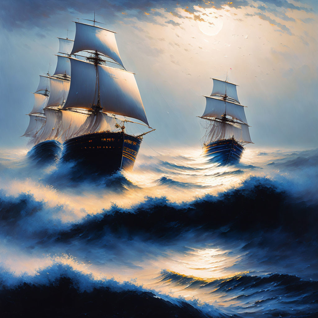 Moonlit sky: Majestic sailing ships in tumultuous sea