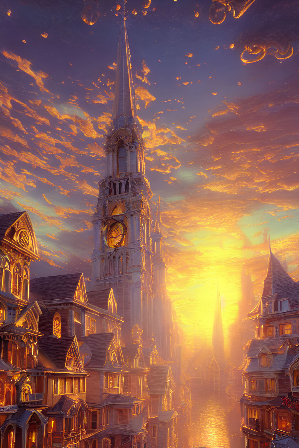 Gothic-style cityscape with clock tower under golden sky