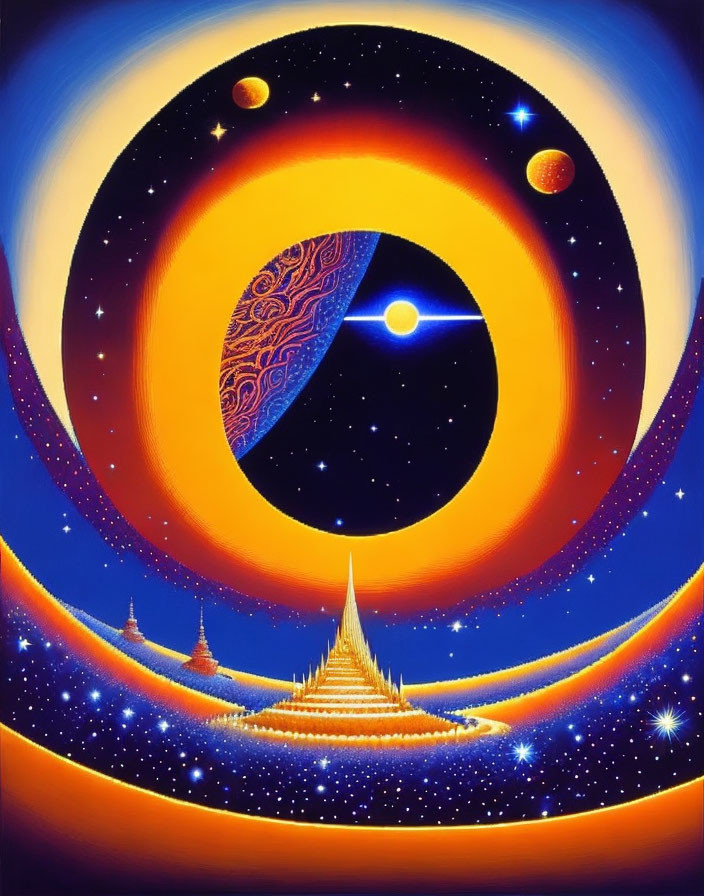 Colorful cosmic artwork: ringed planet, glowing star, moon, and temples.