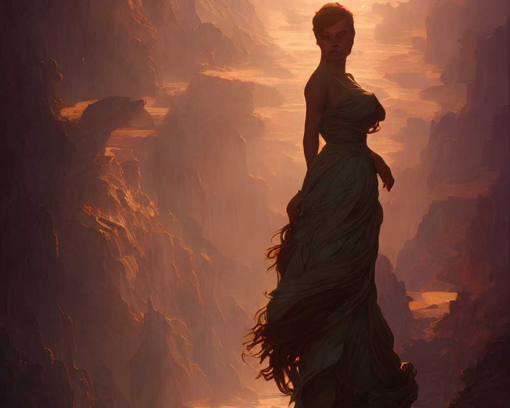 Woman in Elegant Green Dress on Cliff Overlooking Golden Sunlit Canyon