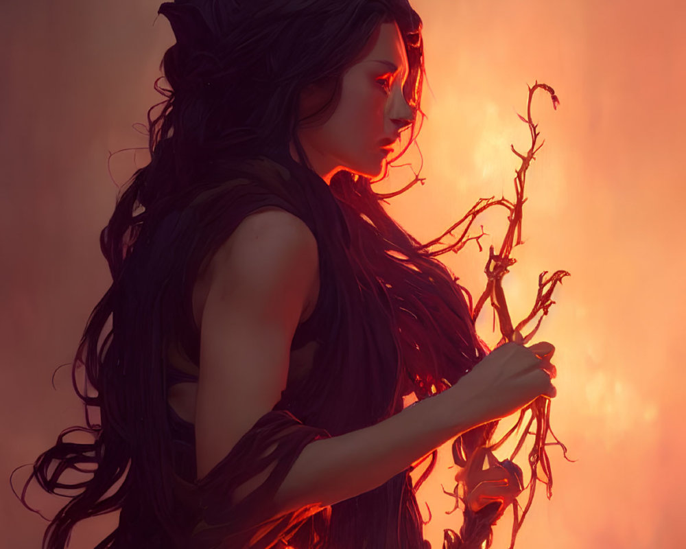 Mystical female figure with horns holding glowing branch in fiery backdrop