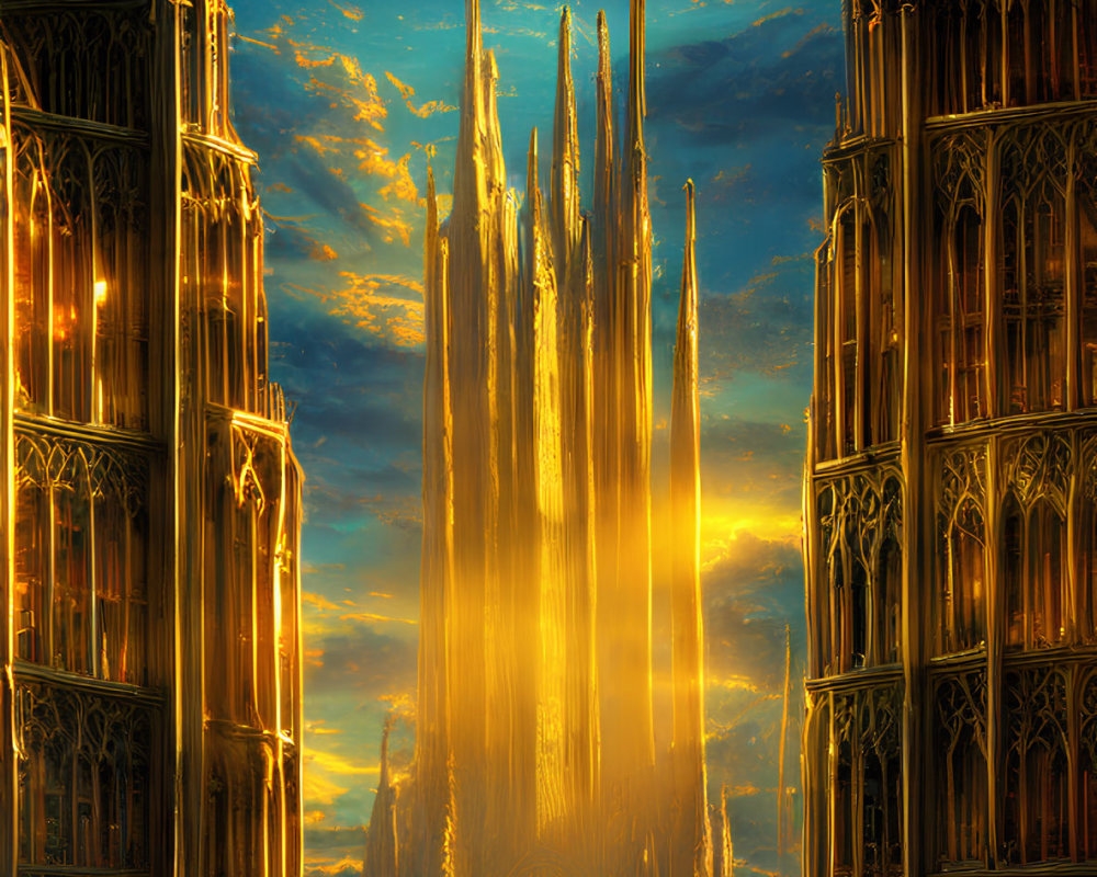 Fantasy cathedral with soaring spires in vibrant sunset scene