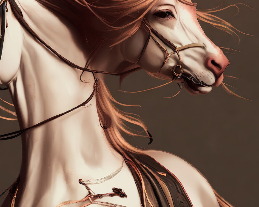 Stylized digital artwork of chestnut horse with flowing mane and detailed bridle