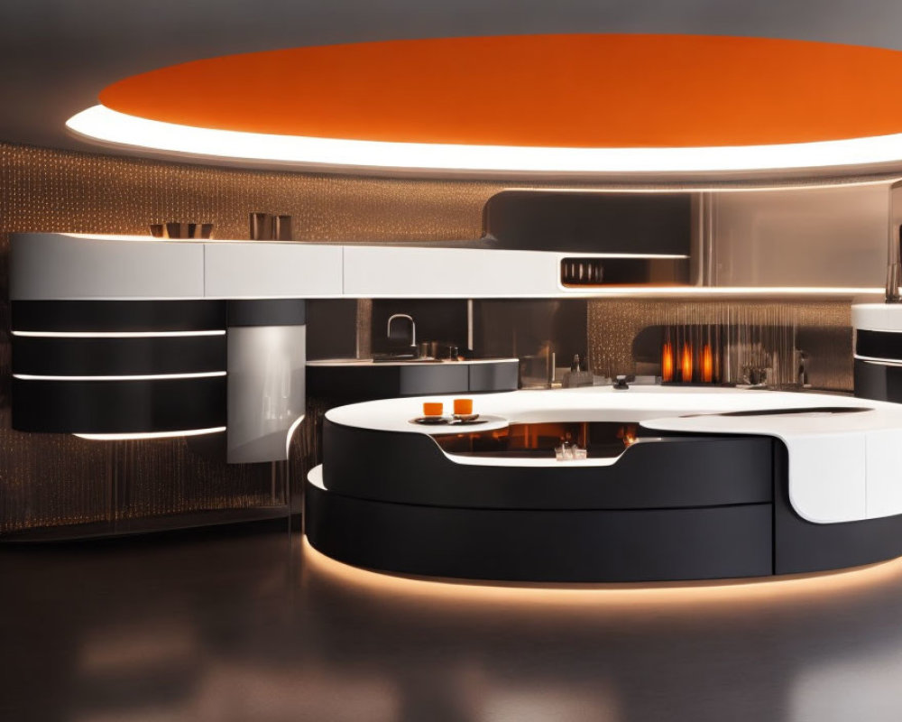 Contemporary Kitchen with Black Cabinets and Orange Illuminated Ceiling