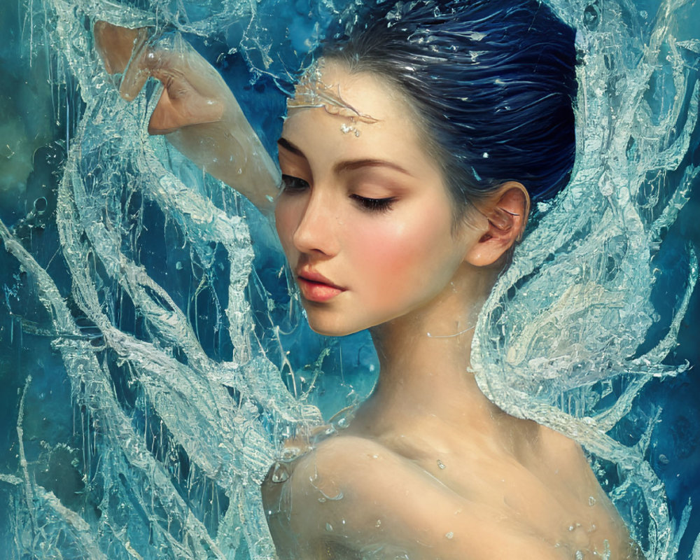 Woman with wet hair emerges from water in mystical scene