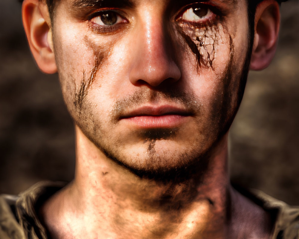 Worn soldier with cracked skin and helmet gazes ahead