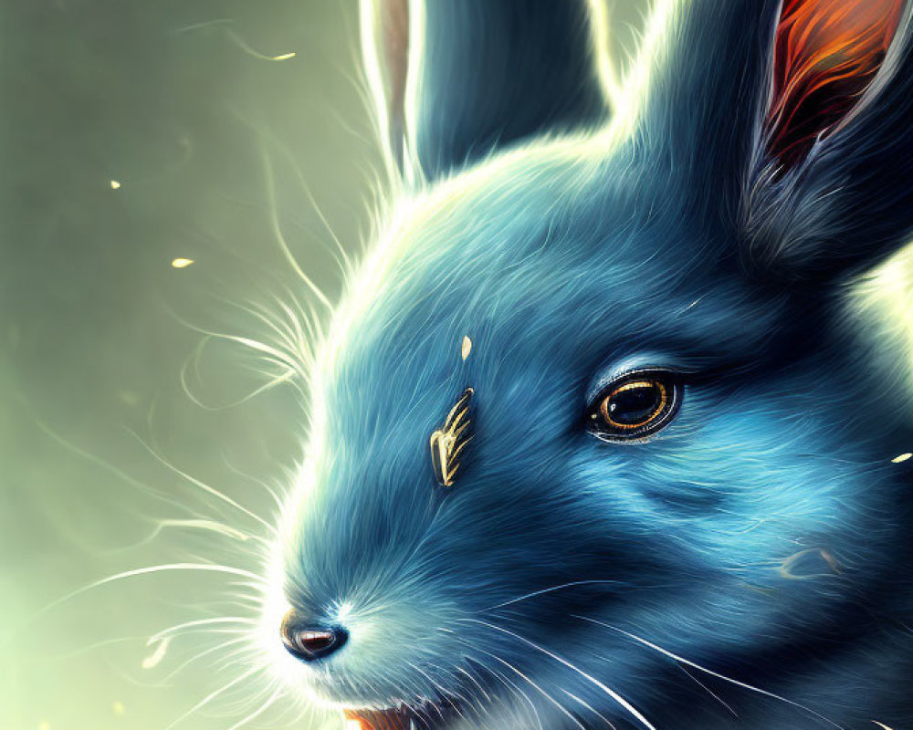 Colorful Illustration of Blue Rabbit with Glowing Eyes and Ethereal Light