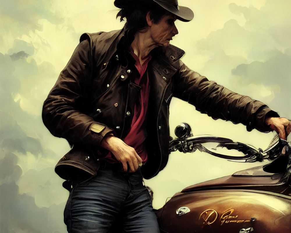 Man in black hat and leather jacket leaning on vintage motorcycle under cloudy sky.