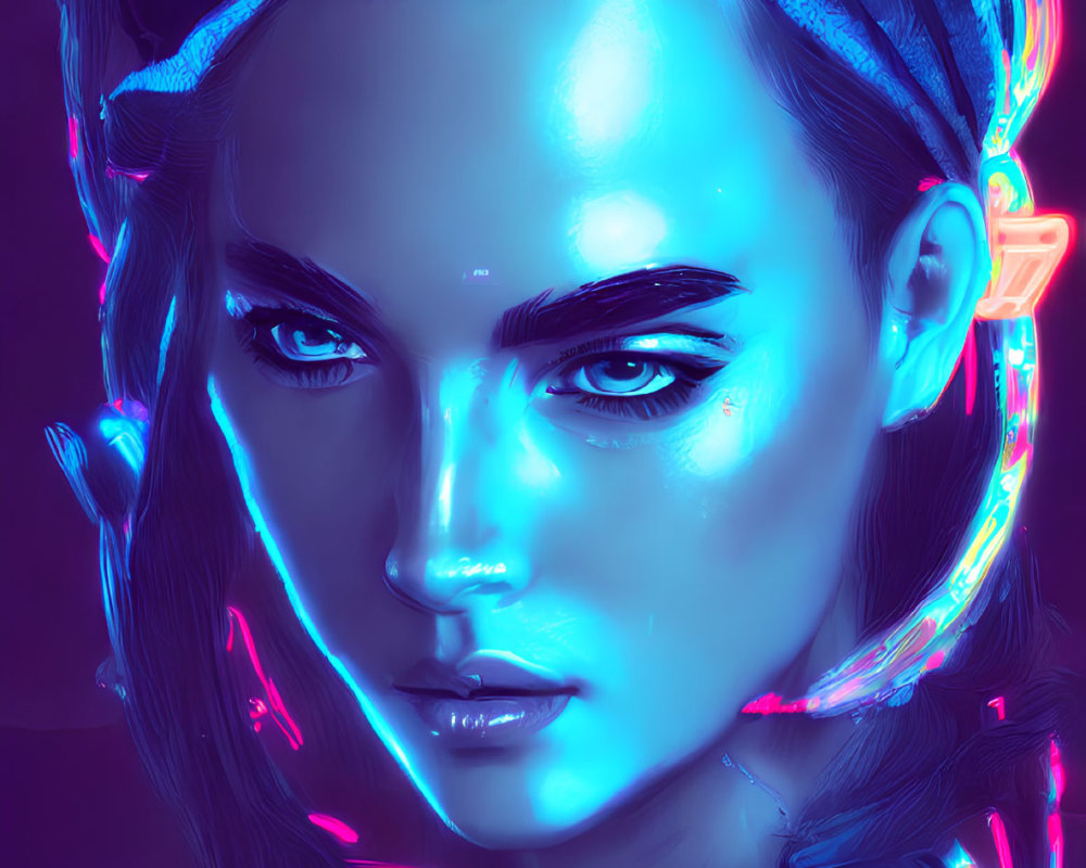 Futuristic cyberpunk digital art with blue neon lighting