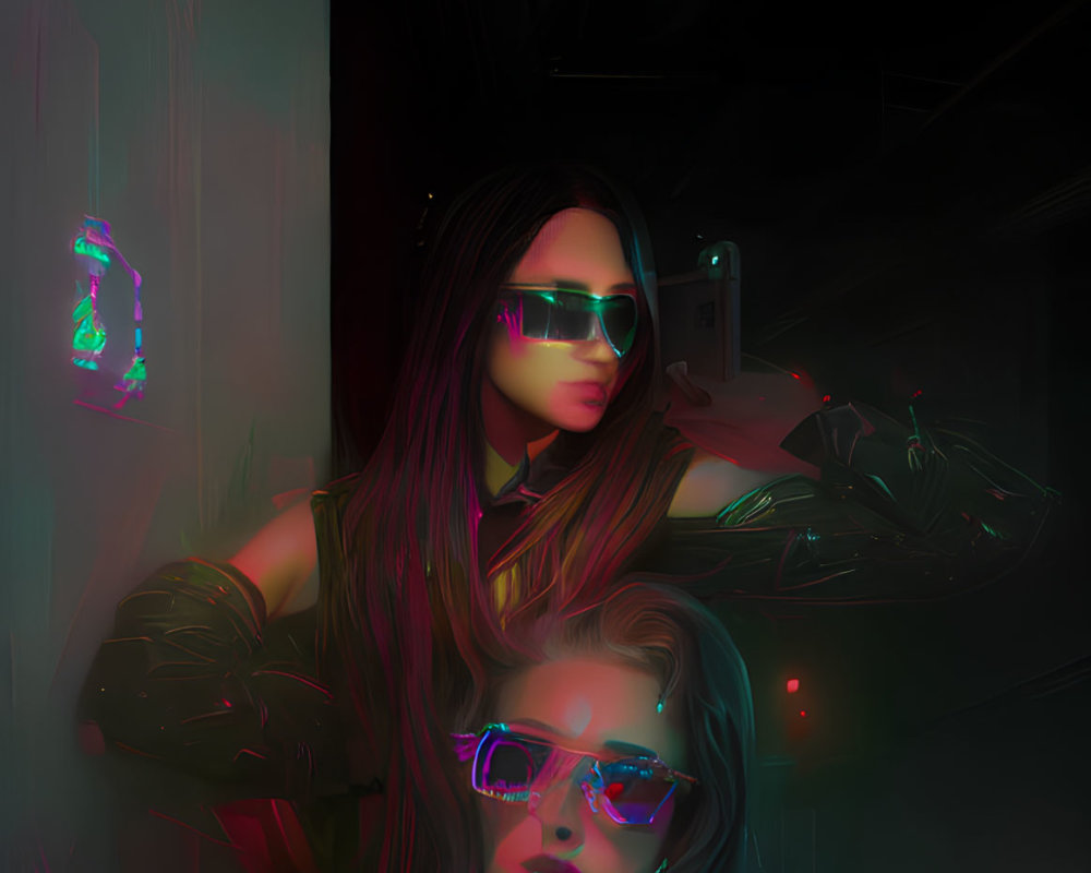 Two fashionable women in dark room with neon lights, one taking selfie and other posing with sunglasses.