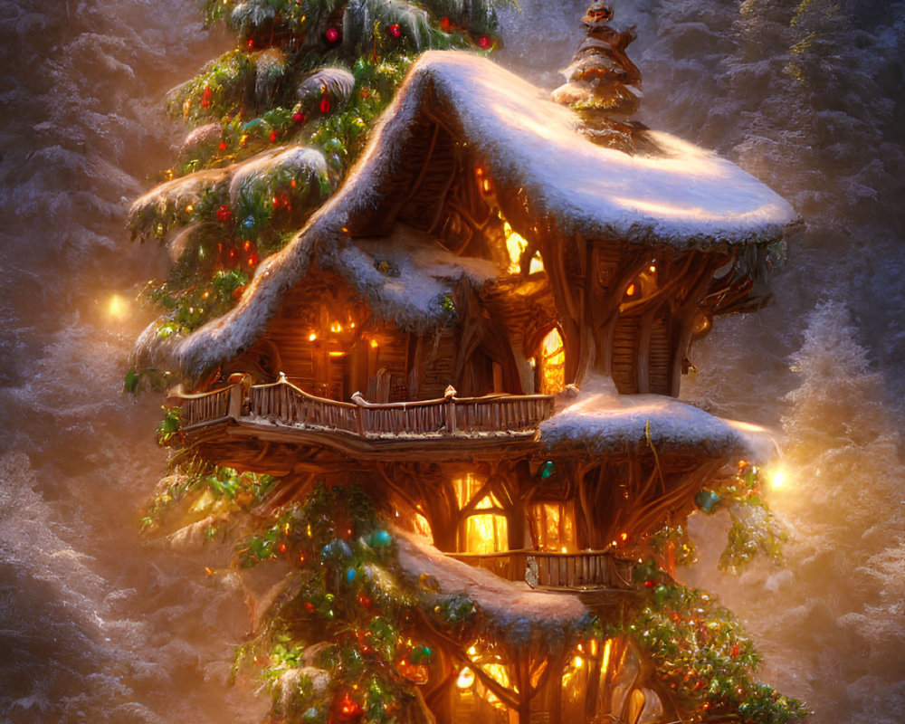 Festive Treehouse with Lights in Snowy Setting
