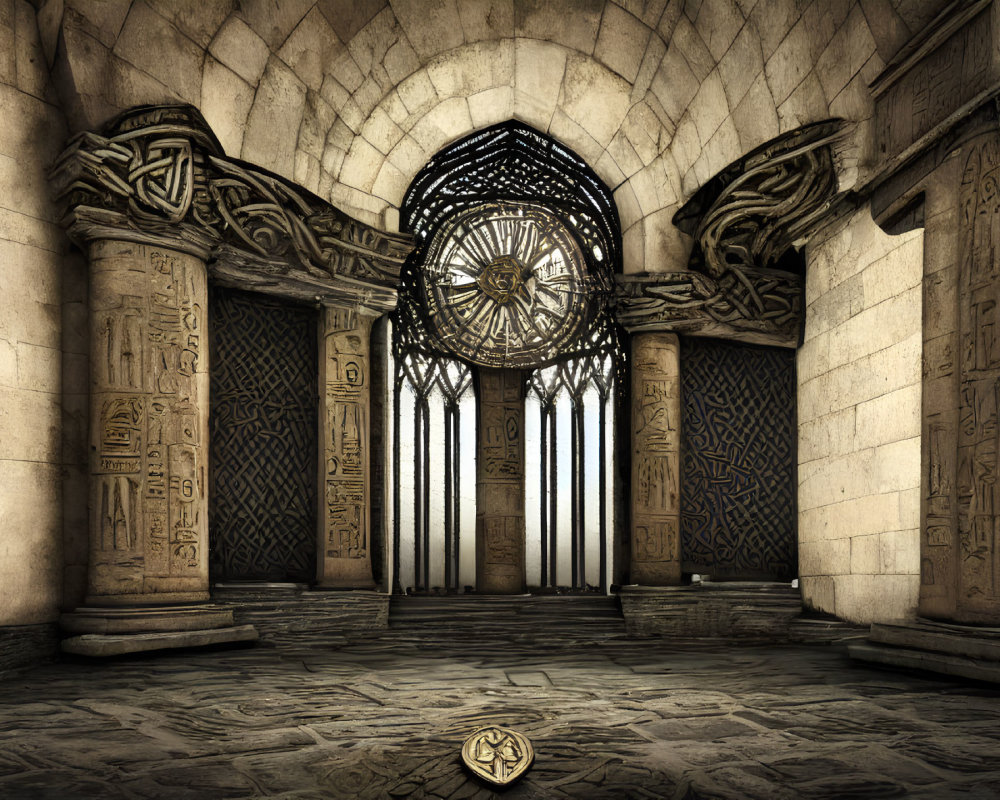 Spacious ornate hall with intricate patterns, circular window, and mysterious emblem