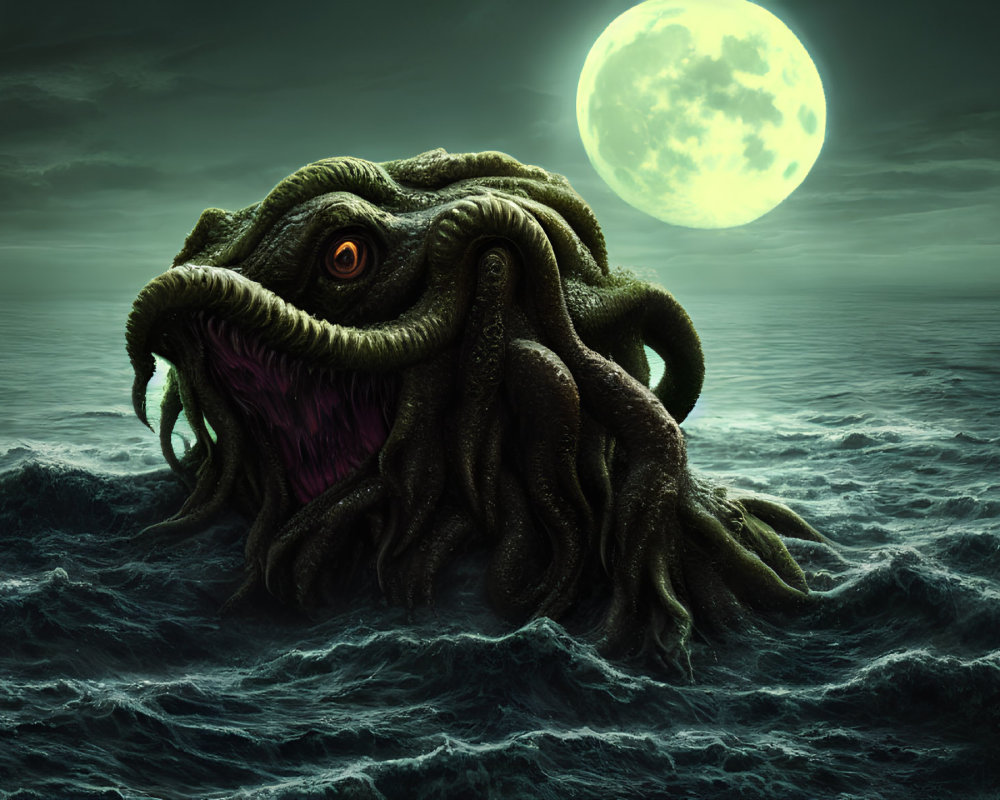 Monstrous sea creature with tentacles and single eye in dark ocean waves